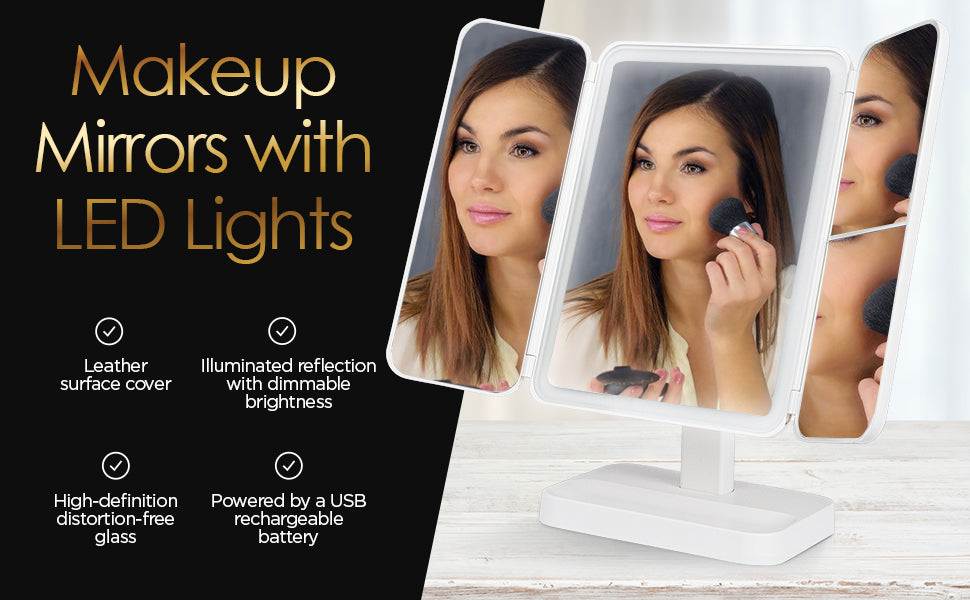 Tri-Fold LED Lighted Makeup Mirror with Stand