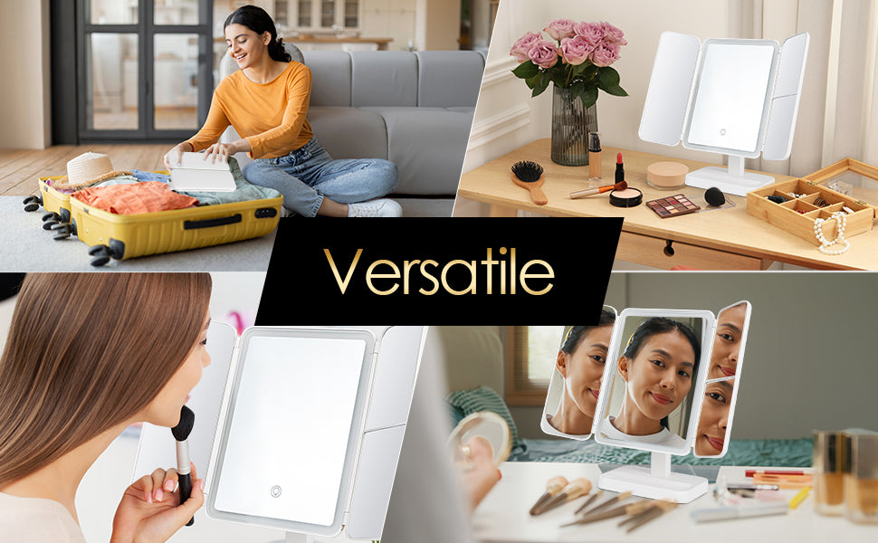 Tri-Fold LED Lighted Makeup Mirror with Stand